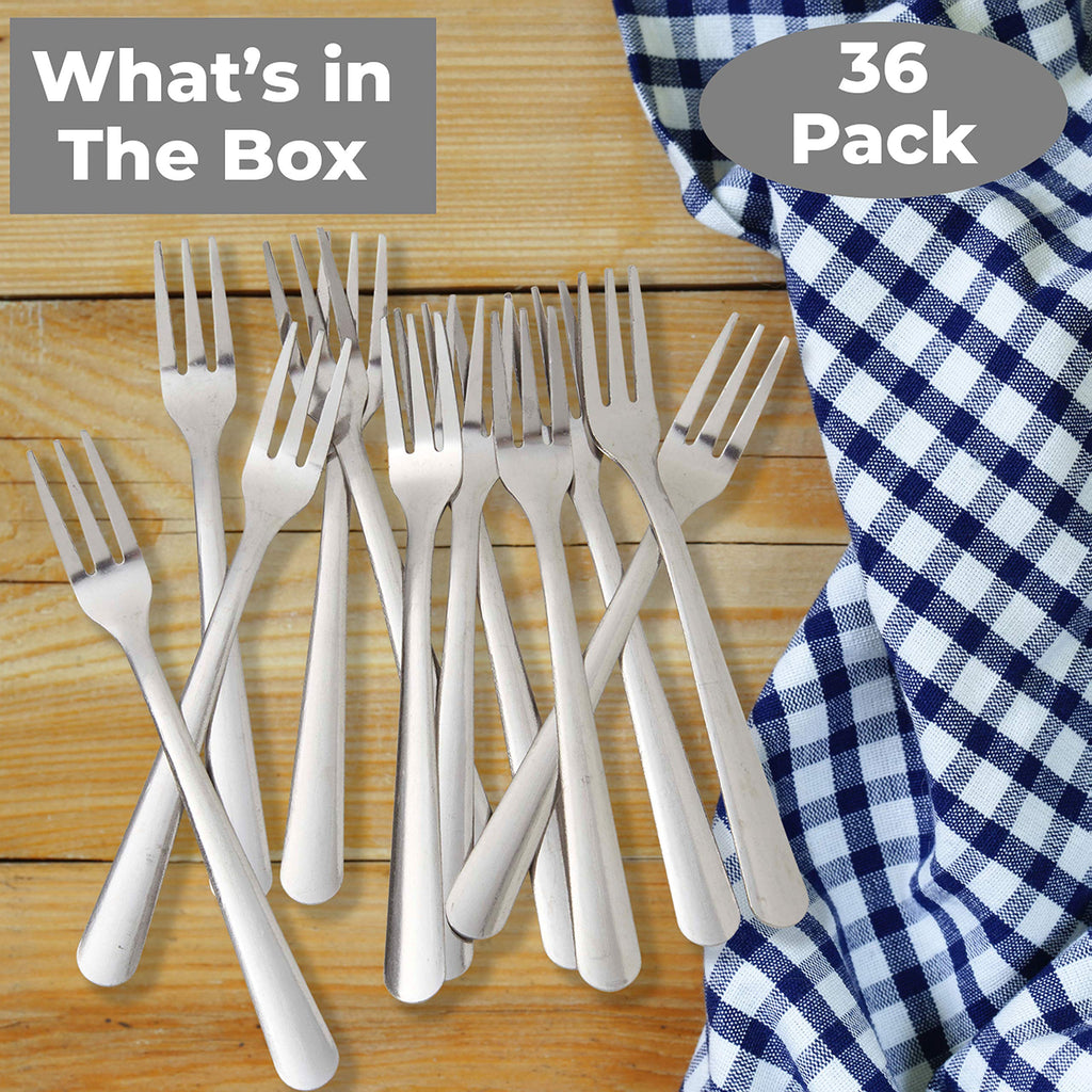 Super Durable, Elegant Mini Cocktail Forks 36 Pcs. Stainless Steel Tasting or Sampling Fork Set for Hors D'Oeuvres, Appetizers, Mussels, Crab. Small Metal Flatware Is Great for Restaurants and Events