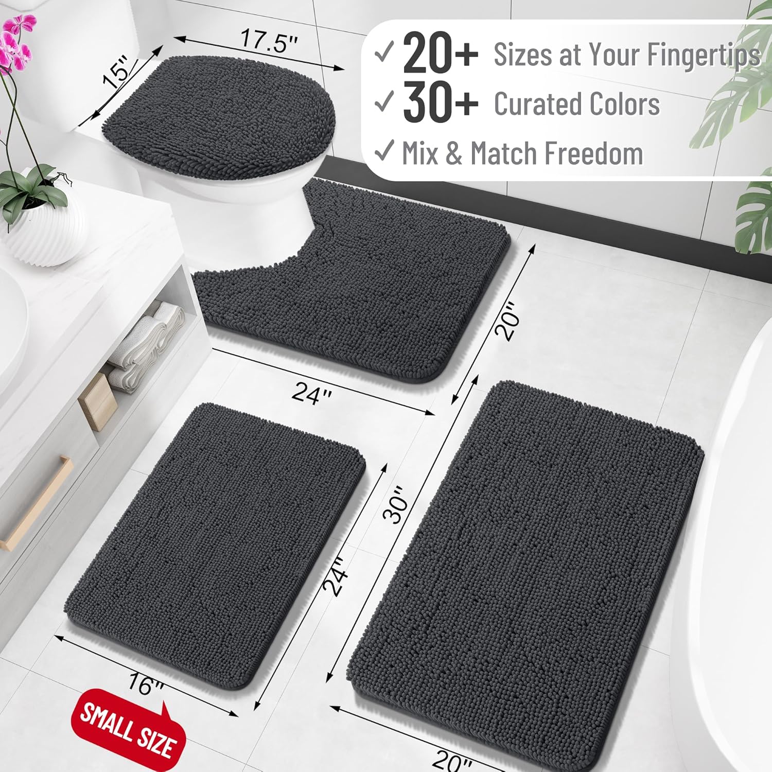 OLANLY Bathroom Rugs - Extra Soft Chenille Bath Mats | Quick Dry, Machine Washable, 30x18, Dark Grey