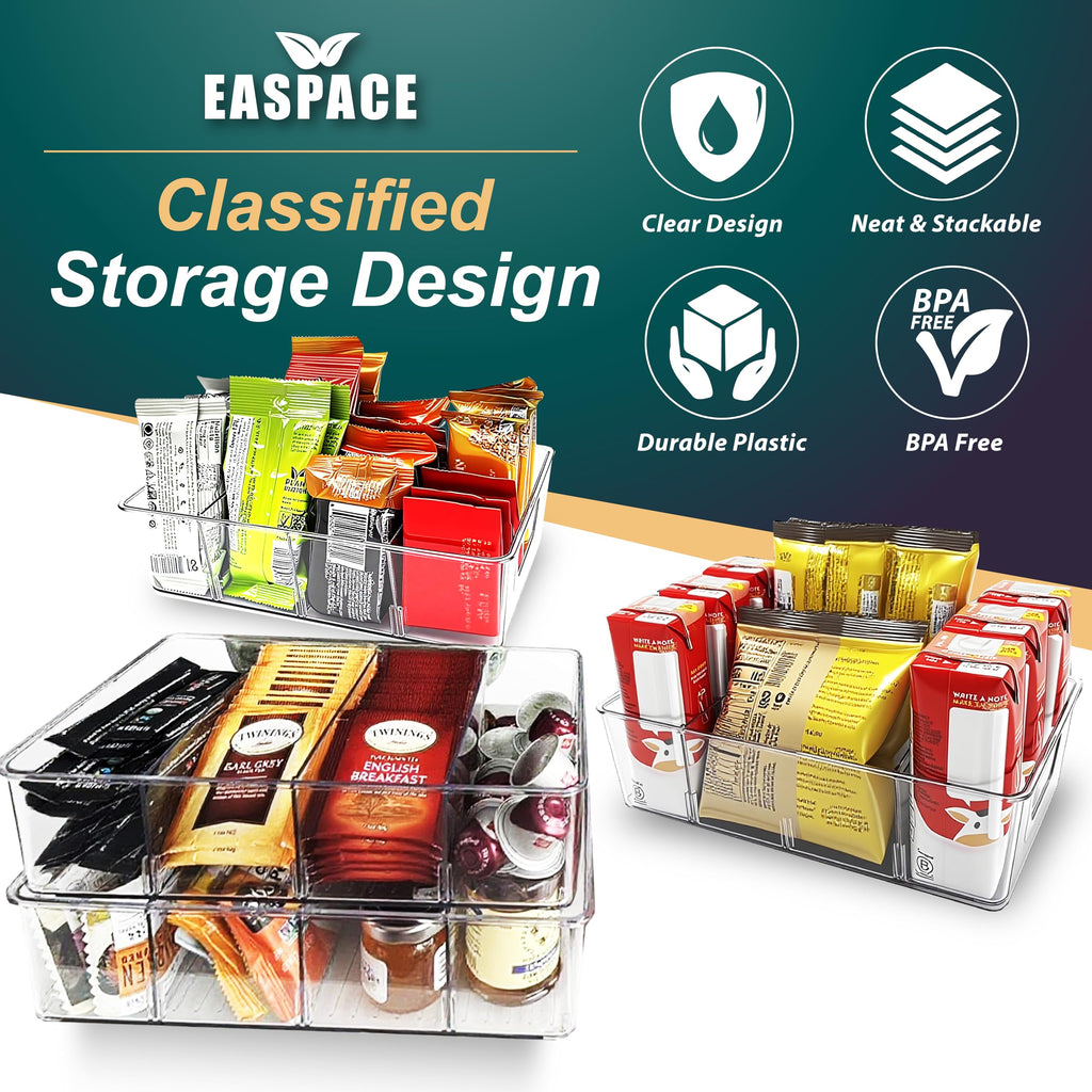 EASPACE 4-Pack Pantry Organizer Bins – Clear Storage Containers for Pantry, Kitchen, Fridge, Cabinet, or Shelf – Perfect for Snacks, Food, Drinks & Multi Purpose
