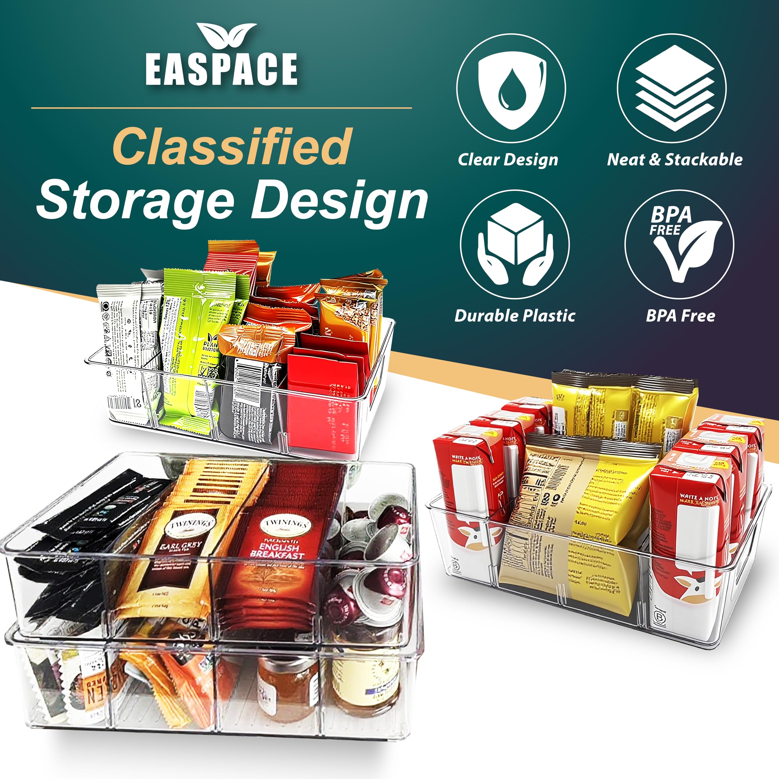 EASPACE 4-Pack Pantry Organizer Bins – Clear Storage Containers for Pantry, Kitchen, Fridge, Cabinet, or Shelf – Perfect for Snacks, Food, Drinks & Multi Purpose