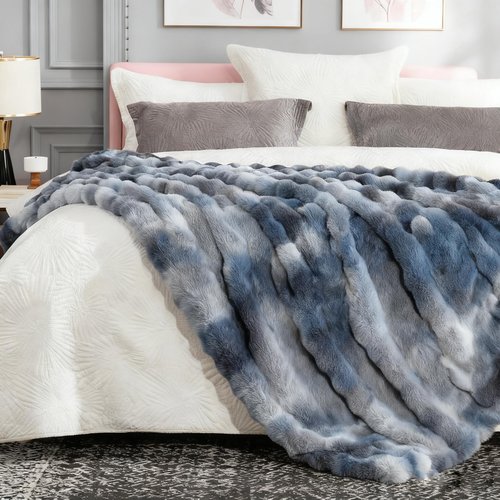 Andtry Faux Fur Throw Blanket for Couch, Soft Fuzzy Plush Thick Bubble Rabbit Fur Blanket for Sofa Bedroom Living Room, 50 * 70 Inches Tie-dye Blue
