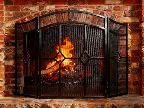 FEED GARDEN 3 Panel Fireplace Screen Wrought Iron 48" W x 30" H Foldable Heavy Duty Fire Spark Guard Cover with Metal Decorative Mesh for Living Room, Home Decor Indoor, Black