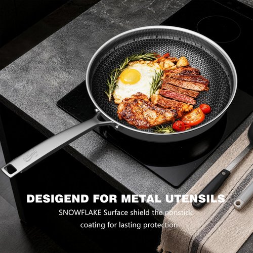 Eclumy Non Stick Frying Pans, Stainless Steel Pans Tri-Ply Frying Pan with Lid, Non-Toxic PFAS PFOA PTFE Free, Metal Utensil Dishwasher & Oven Safe Induction Compatible (10-inch)