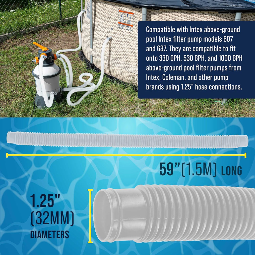 U.S. Pool Supply Above Ground Pool Hose Replacement - 1.25" Diameter x 59" Long, Pack of 3 | Premium White Filter Pump Hoses with 6 Metal Clamps for Intex Pumps