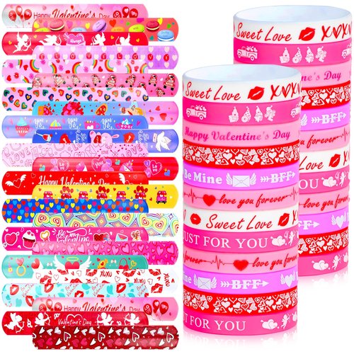 OCTERIC 64 Pcs Valentine's Day Slap Bracelets with Rubber Wristbands, Love Cute Valentine Exchange Gifts for Classroom Party Favors Valentine Decorations School Prizes