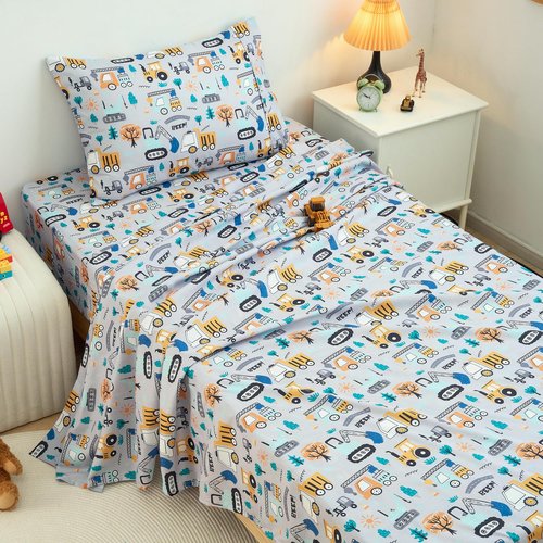 Drozeeo Twin Sheets Set Kids, Twin Bed Sheets for Boys, Cute Kids Bedding Set, Excavator Truck Pattern, Grey