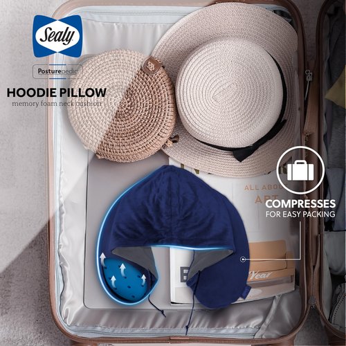 Sealy, Infused-Gel Hooded Travel Pillow with Airflow Memory Foam, Tailored Just for You with Contoured Support, The Ultimate Rest for Flights, Rides, and Your Home, Blocks Cold Drafts, Navy