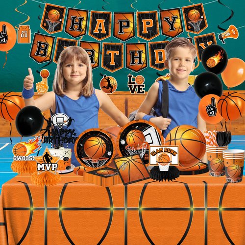 Basketball Party Decorations, 214Pcs Basketball Birthday Party Decorations Includes Plates,Napkins,Cups,Tablecloth,Banner,Hanging Swirls,Honeycomb,Balloons,Cake Topper for Sports Birthday Decorations