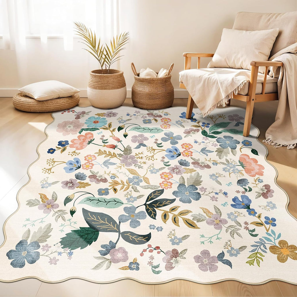 Skiennix Washable 4x4 Square Area Rug - Floral Scalloped Soft Non-Slip Carpet for Living Room & Nursery (Cream)