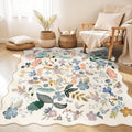 Skiennix Washable 4x4 Square Area Rug - Floral Scalloped Soft Non-Slip Carpet for Living Room & Nursery (Cream)