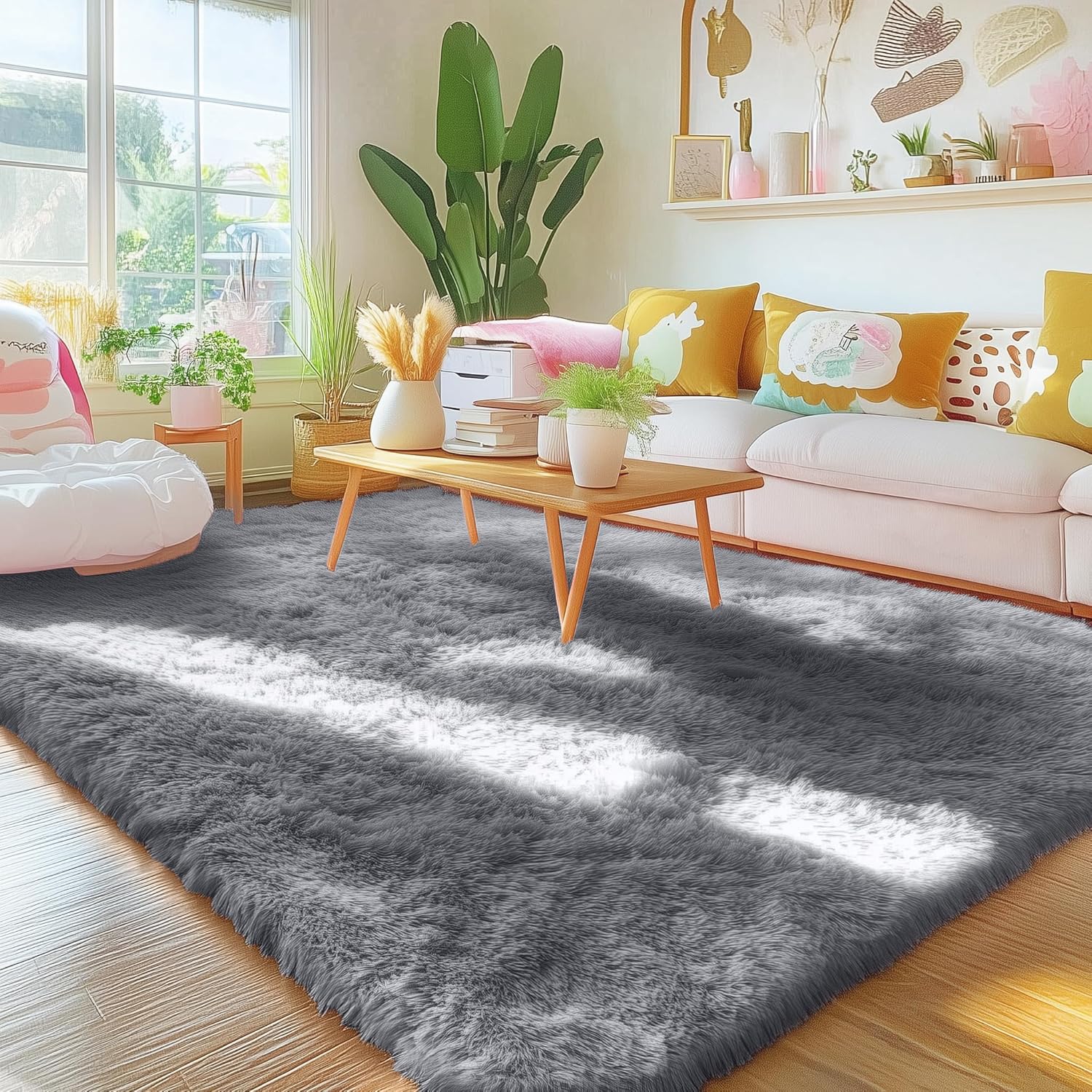 OLANLY Area Rugs - Soft Fluffy Shaggy Indoor Carpet for Living Room & Bedroom | 4x5.9 ft Light Grey