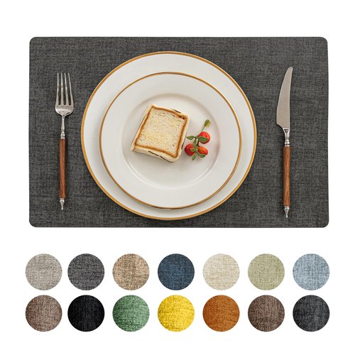Romanstile Vinyl Placemats Set of 12-12 X 17 Inch - Faux Leather 100% Waterproof Oil-Proof Wipeable Place Mats, Heat Resistant Reversible PU Table Mats for Kitchen Dining Party Outdoor, Charcoal
