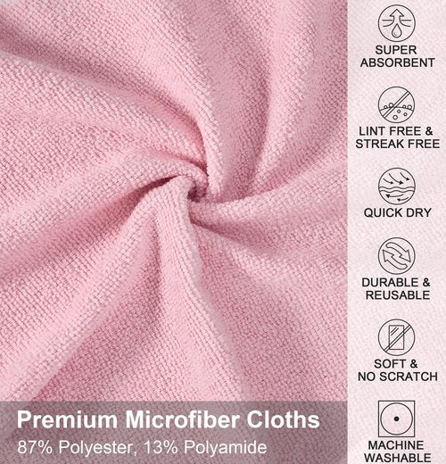 UPSTAR Microfiber Cleaning Cloth, Reusable Paper Towels Rolls, 50 Packs 12x12 inch Cleaning Rags for Washing Dishes, Kitchen, Bathroom, Car, Pink
