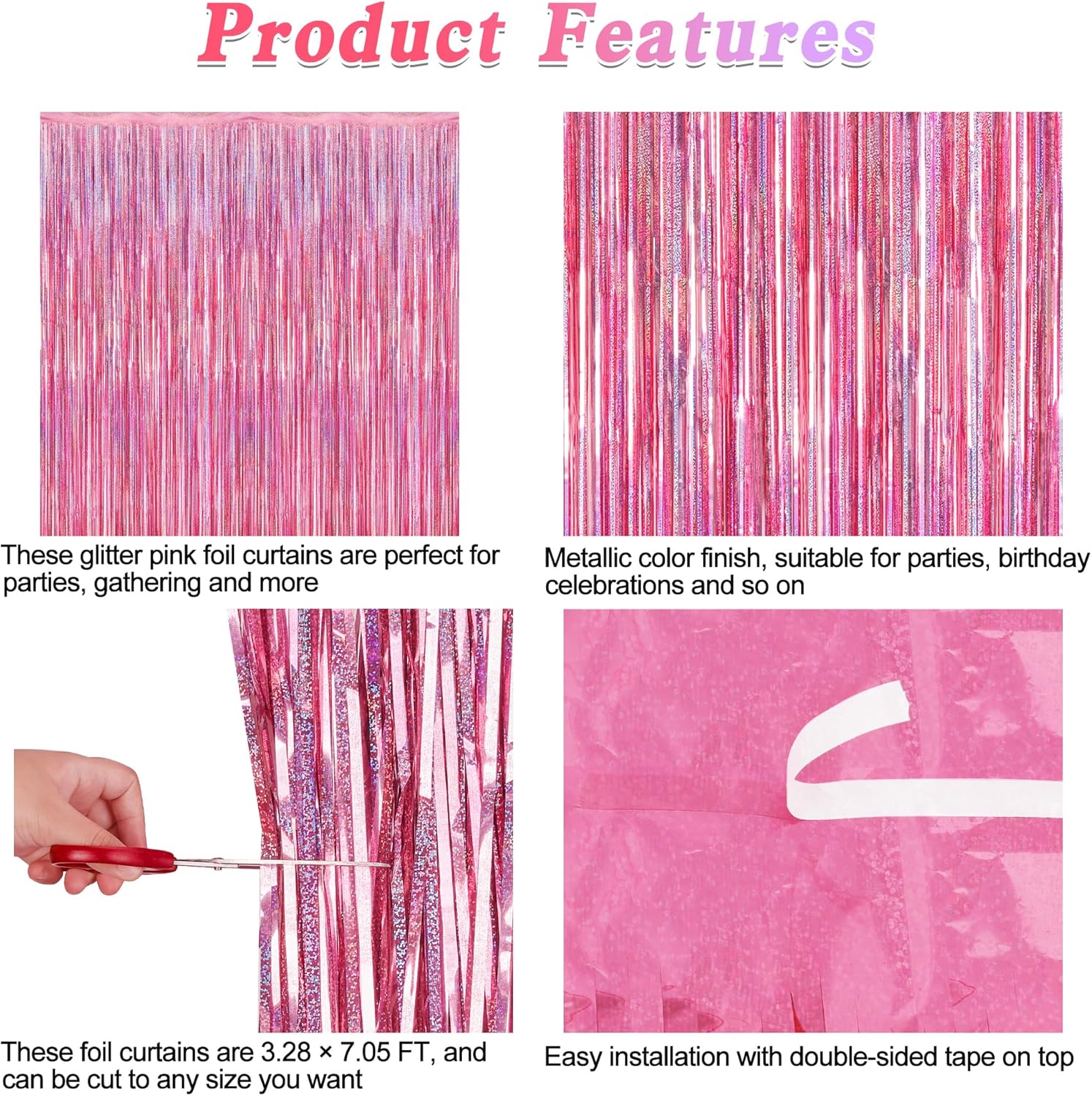 Skiennix Pink Backdrop - 8 Pack Metallic Glitter Fringe Curtains | 3.28 FT x 7.05 FT Party Decor