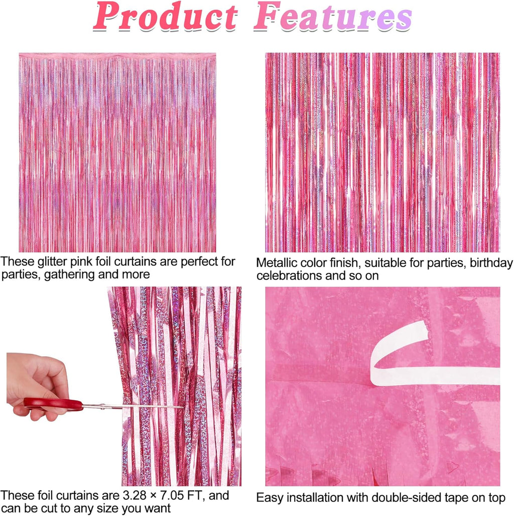 Skiennix Pink Backdrop - 12 Pack Metallic Glitter Tinsel Fringe Curtains | 3.28 FT x 7.05 FT Party Decor