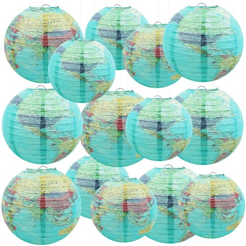 Songjum 14Pcs World Map Paper Lanterns Classroom Decorations 10 in and 8 in Classroom Hanging Ceiling Decor Earth Globe Lantern Fans for Back to School Around Travel Earth Theme Party Decor Supplies