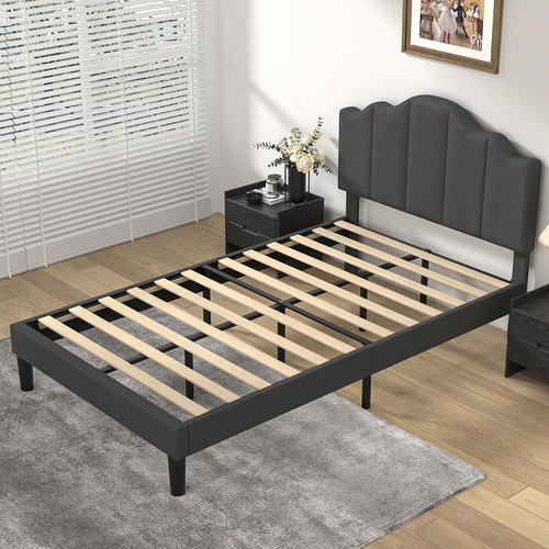 VECELO Twin Size Upholstered Platform Bed Frame with Adjustable Headboard, Wood Slat Support and Noise-Free, No Box Spring Needed, Easy Assembly, Dark Grey