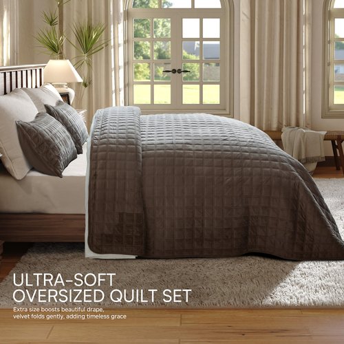 Fleeco Double-Sided Velvet Quilt King Size Comforter Set, 108"x 96" Lightweight Velvet Bedding Set, Ultra Soft Bedspread with 2 Matching Shams, for All Seasons, Brown