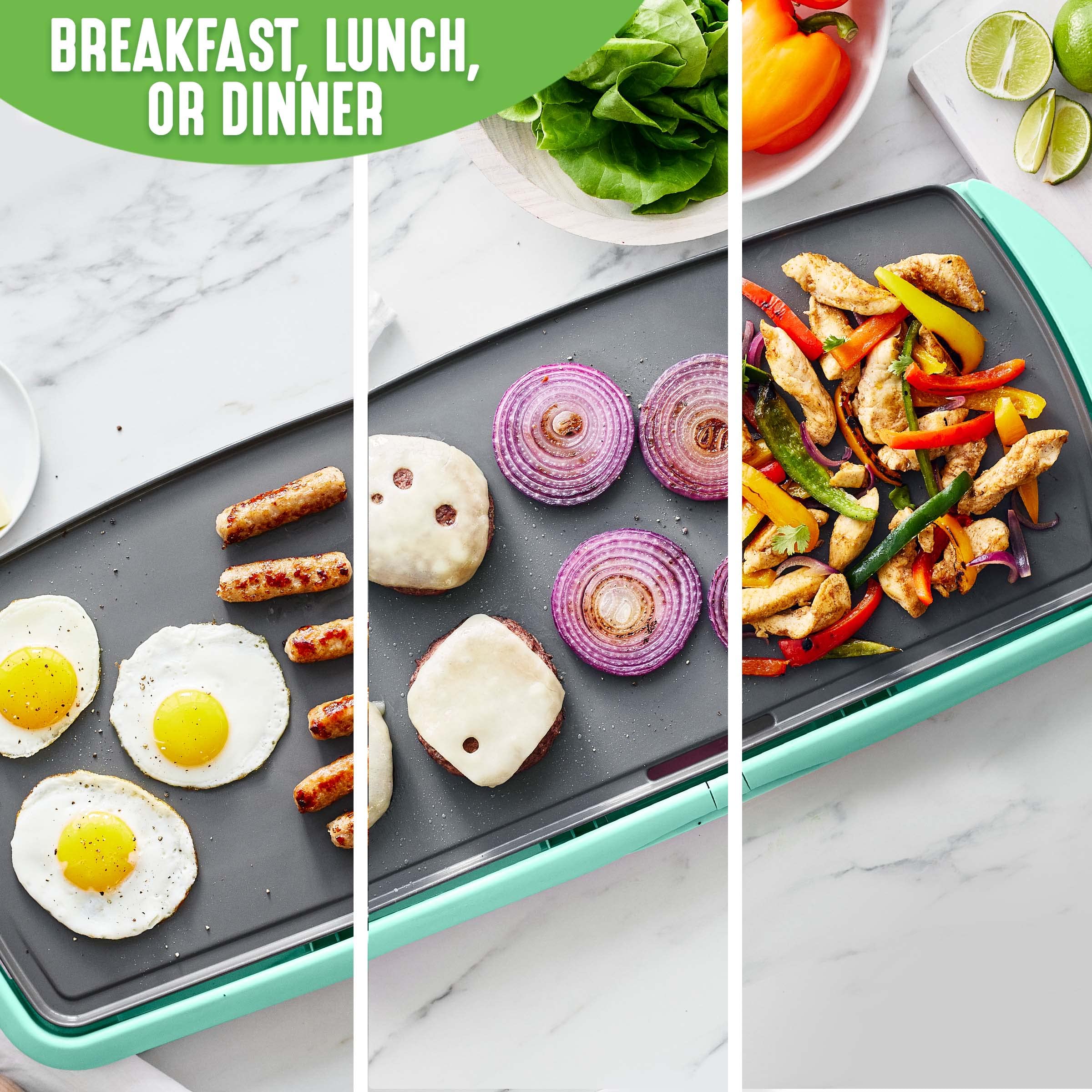 GreenLife 20” Extra Large Electric Griddle, Non-Toxic PFAS & PFOA-Free Ceramic Nonstick, Temperature Control, Quick Even Heating, Removable Drip Tray, Pancakes, Eggs, Sausage, Easy Clean, Turquoise