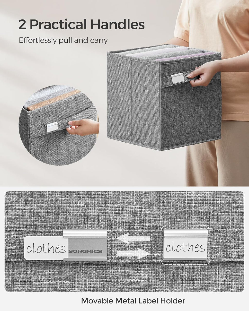 SONGMICS Storage Cubes - Set of 4 Foldable Bins with Handles | Dove Gray, Easy to Clean, 10.2 x 10.2 x 11 Inches