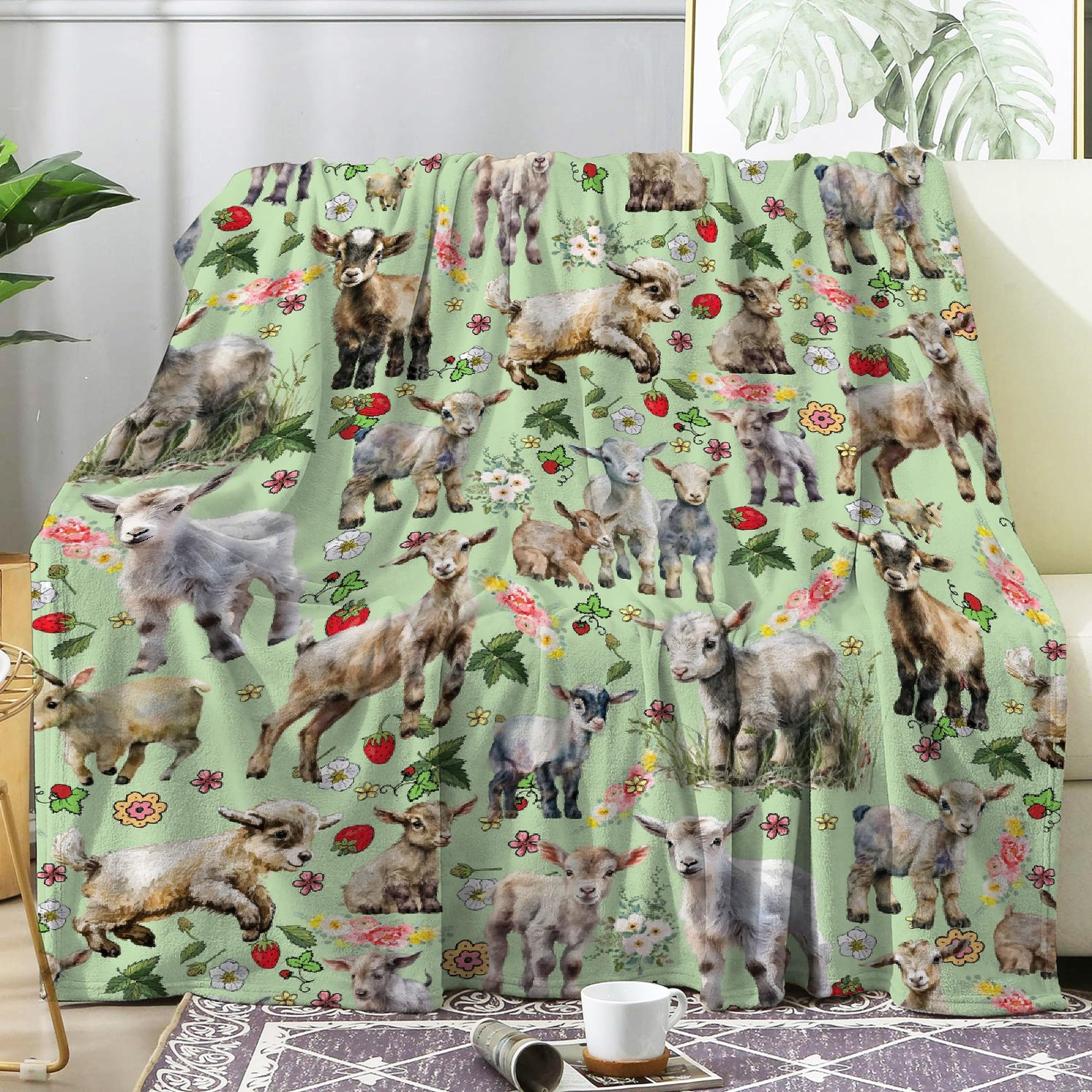 Floral Goats Blanket Gifts for Boys Girls, Farm Animals Throw Blanket Gifts for Adults Decor Cute Goats Plush Soft Lightweight Flannel Fleece Flower Green Blankets for Sofa Bed Couch 80x60In