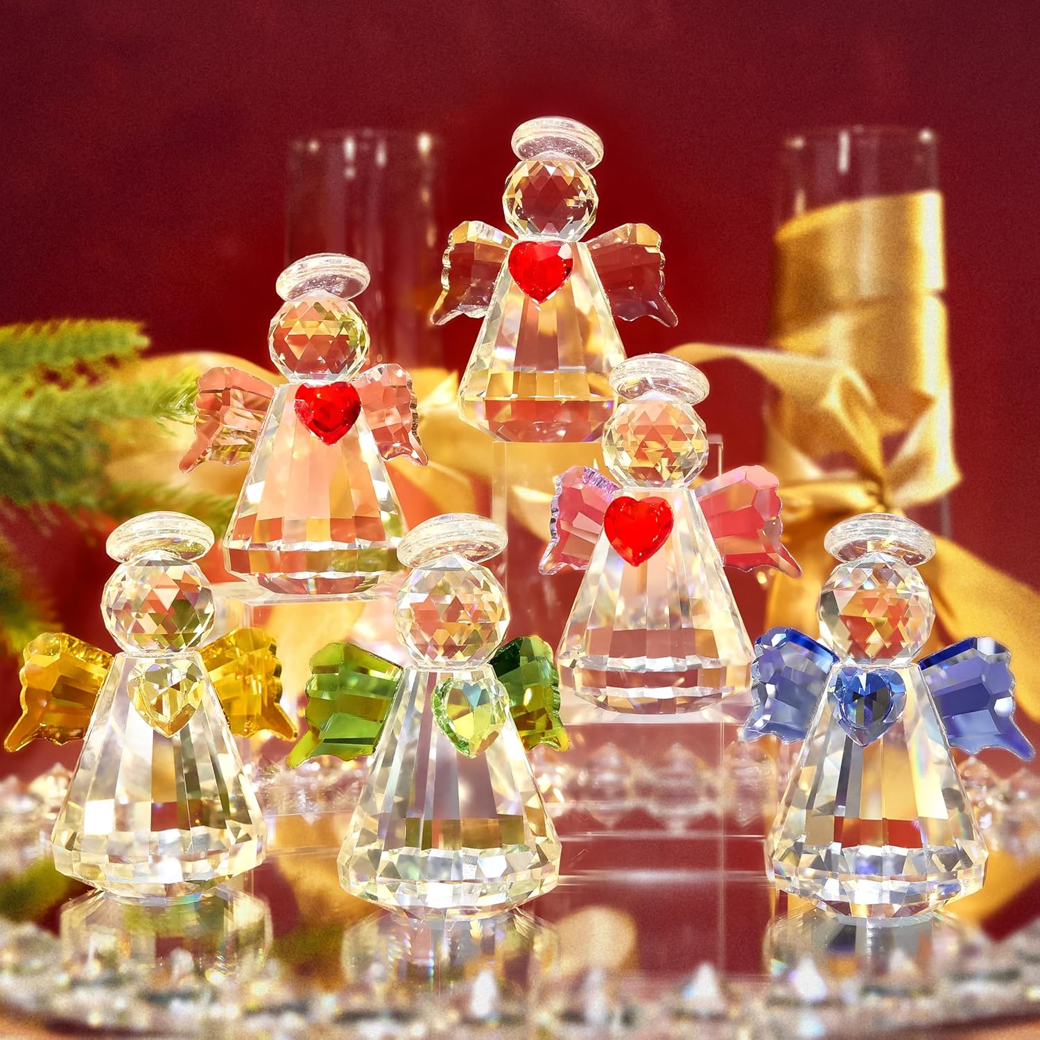 Crystal Guardian Angel Figurine Set - 6 Handcrafted Glass Ornaments for Home Decor | 2.5” Tabletop Collection