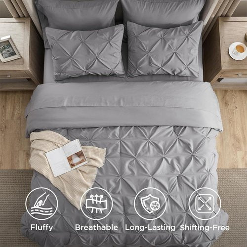 Bedsure Queen Comforter Set - 7-Piece Grey Pintuck Bedding | All-Season Comforter with Sheets & Pillowcases