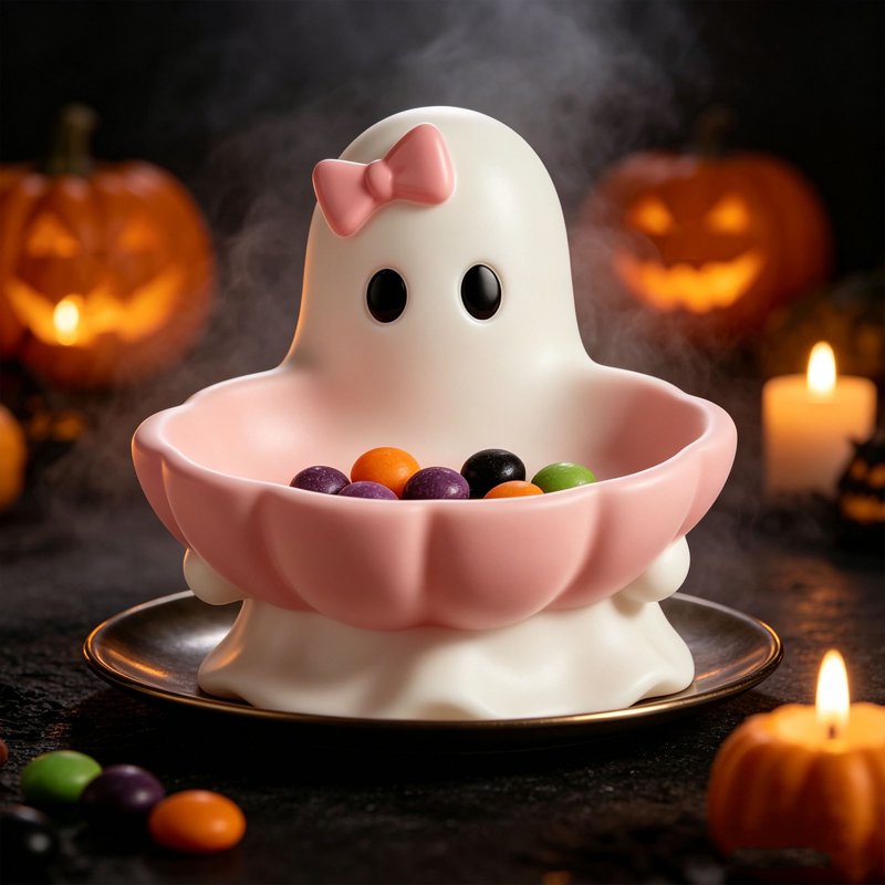 Pink Halloween Ghost Candy Bowl Figurine with Bow & Scalloped Holder