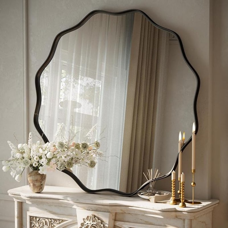 AUROMIR 36-Inch Wavy Round Bathroom Mirror Wall Mount Black Frame Variation