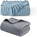 Bedsure Fleece Blanket Bundle - Queen Size Grey & Cozy Blue Knit Throw 50x60 Inches