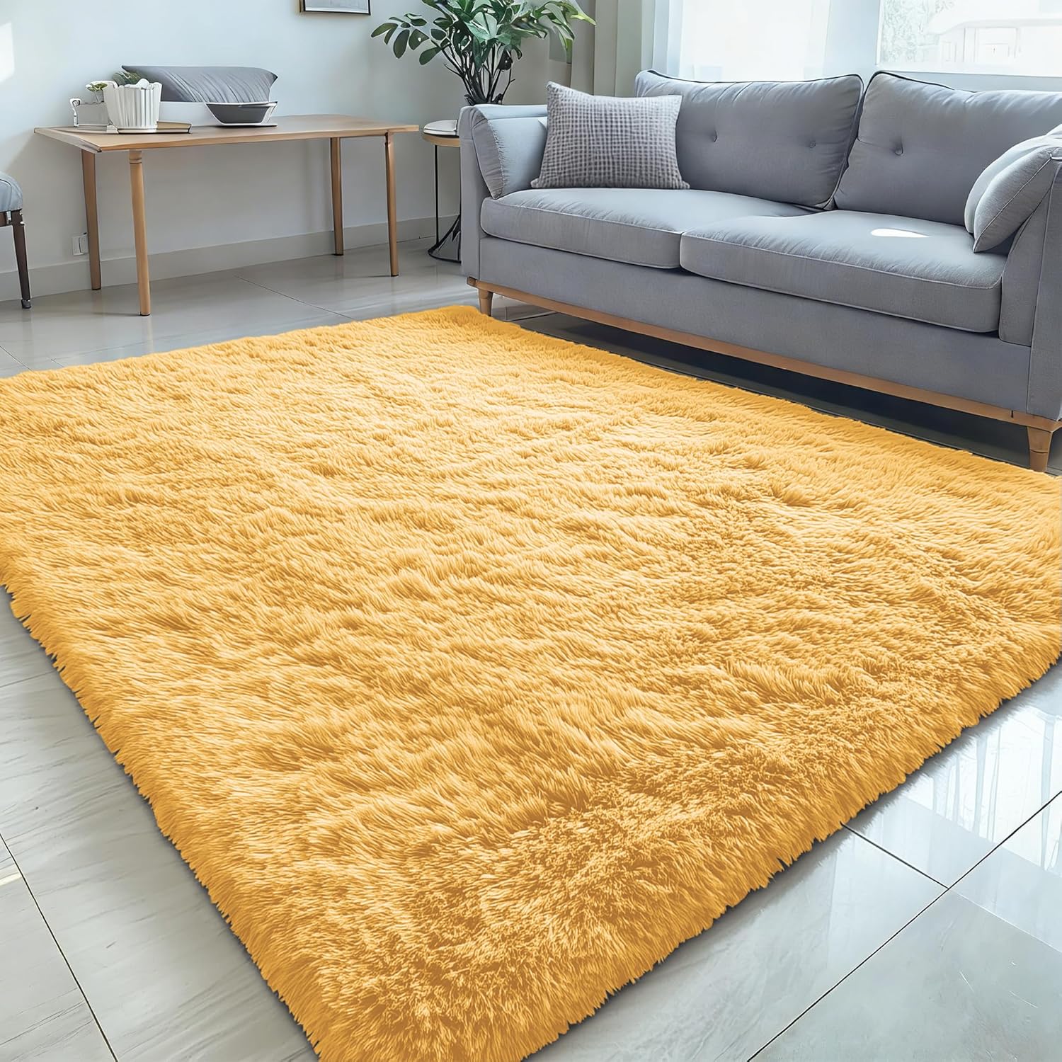 OLANLY Large Area Rug - Soft Fluffy Shaggy Carpet for Living Room & Bedroom | 5x8 Mustard Yellow