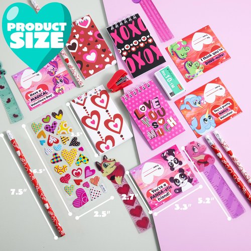 JOYIN 28 Packs Valentine's Day Stationery Set with Gift Card for Kids, Includes Pencils, Rulers, Notebook and Stickers for Classroom Exchange Party Favors Supplies