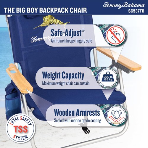 Tommy Bahama Wide Seat Big Boy 4-Position Folding 13" High Seat Backpack Beach or Camping Chair, Navy