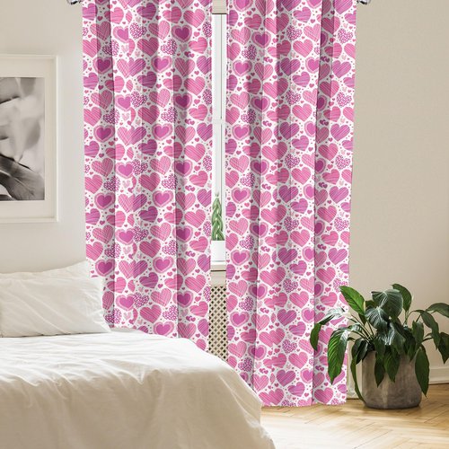 Ambesonne Valentines Window Curtains Pack of 2, Romantic Heart Shapes with Many Different Designs Polka Dots Crossed Lines, Lightweight Set with Rod Pocket, 4 Panels of - 28" x 84", Pink White
