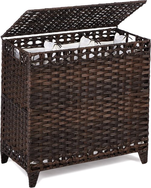 Handwoven Rattan Laundry Hamper by [Brand Name] - 132L Capacity with 3 Removable Liner Bags & Lid | Brown