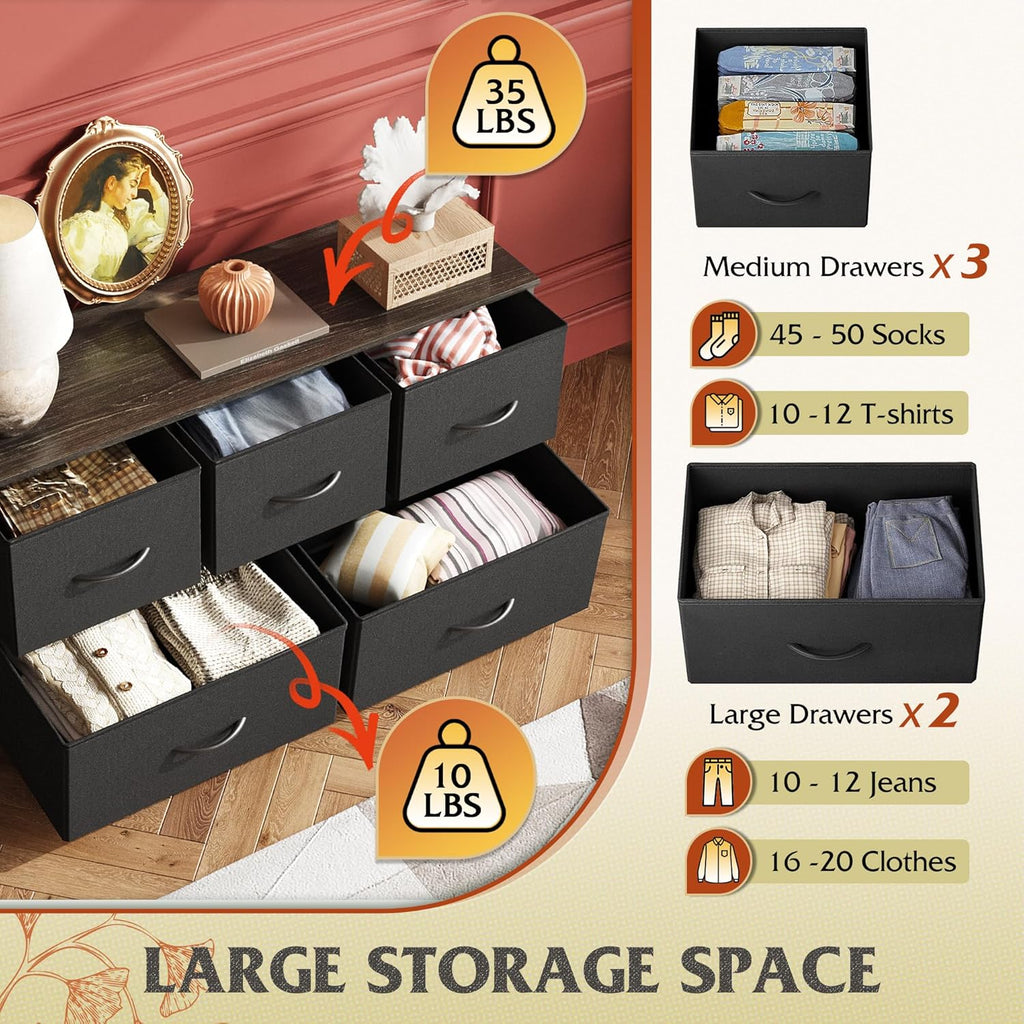 WLIVE Dresser - 5-Drawer Fabric Storage Organizer Unit for Bedroom, Living Room, Charcoal Black