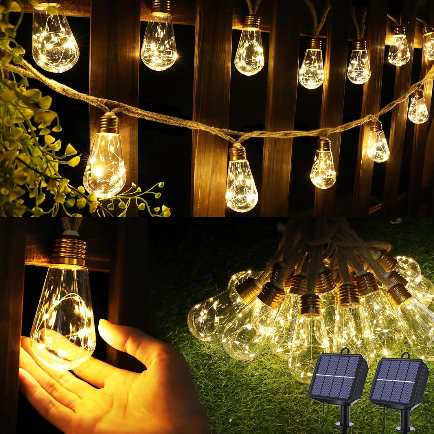 Skiennix Solar Outdoor String Lights - 20Ft Vintage Rope Hemp | Waterproof Warm White with 8 Modes & 16 Shatterproof Bulbs