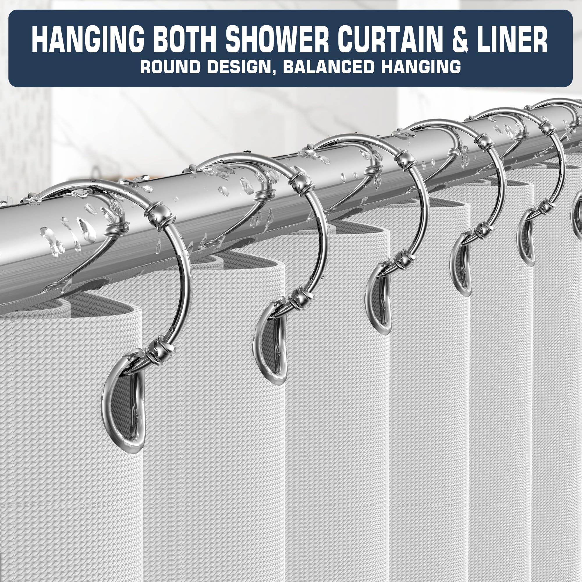 Shower Curtain Rings, Rust-Resistant Metal Curtain Hooks for Bathroom, Glide Smoothly on Curtain Rod, Loose Leaf Rings Set of 12, Zinc Alloy Nickel
