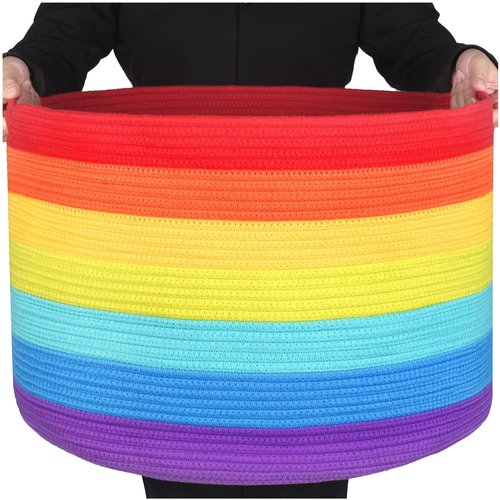 MINTWOOD Design Extra Large 22 x 14 Inch Rainbow Blanket Basket for Colorful Room Decor, Playroom & Classroom Storage Basket, Decorative Cotton Rope Basket, Toy Storage Baskets & Rainbow Storage Bins