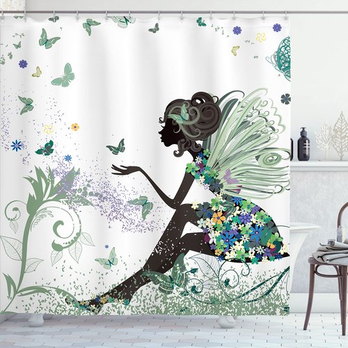 Ambesonne Fantasy Shower Curtain, Spring Girl Wings in a Floral Dress Surreal Garden Butterflies Print, Cloth Fabric Bathroom Decor Set with Hooks, 69" W x 70" L, Peacock Green