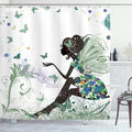 Ambesonne Fantasy Shower Curtain, Spring Girl Wings in a Floral Dress Surreal Garden Butterflies Print, Cloth Fabric Bathroom Decor Set with Hooks, 69" W x 70" L, Peacock Green