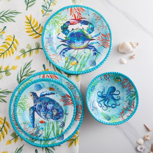ZAROCRUS Coastal Dinnerware Sets, Ocean Theme Unbreakable Kitchen Plates and Bowls Set, Coastal Dishes Lightweight Dinnerware Set, RV and Camping dishes set for 4, Dishwasher Safe