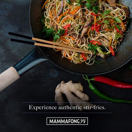 Mammafong Pre Seasoned Blue Carbon Steel Flat Bottom Wok -14 Inch Chinese Pow Wok - Traditionally Hand Hammered Woks and Stir Fry Pans