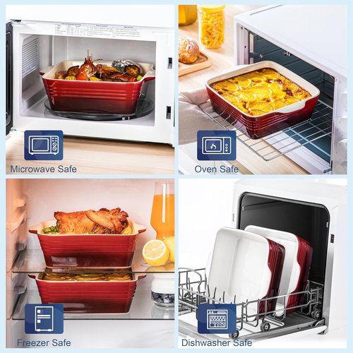 LOVECASA 8x8 Inch Non-Stick Baking Pan | 2 Quart Square Cake Dish with Handle - Red Ceramic Casserole Pan