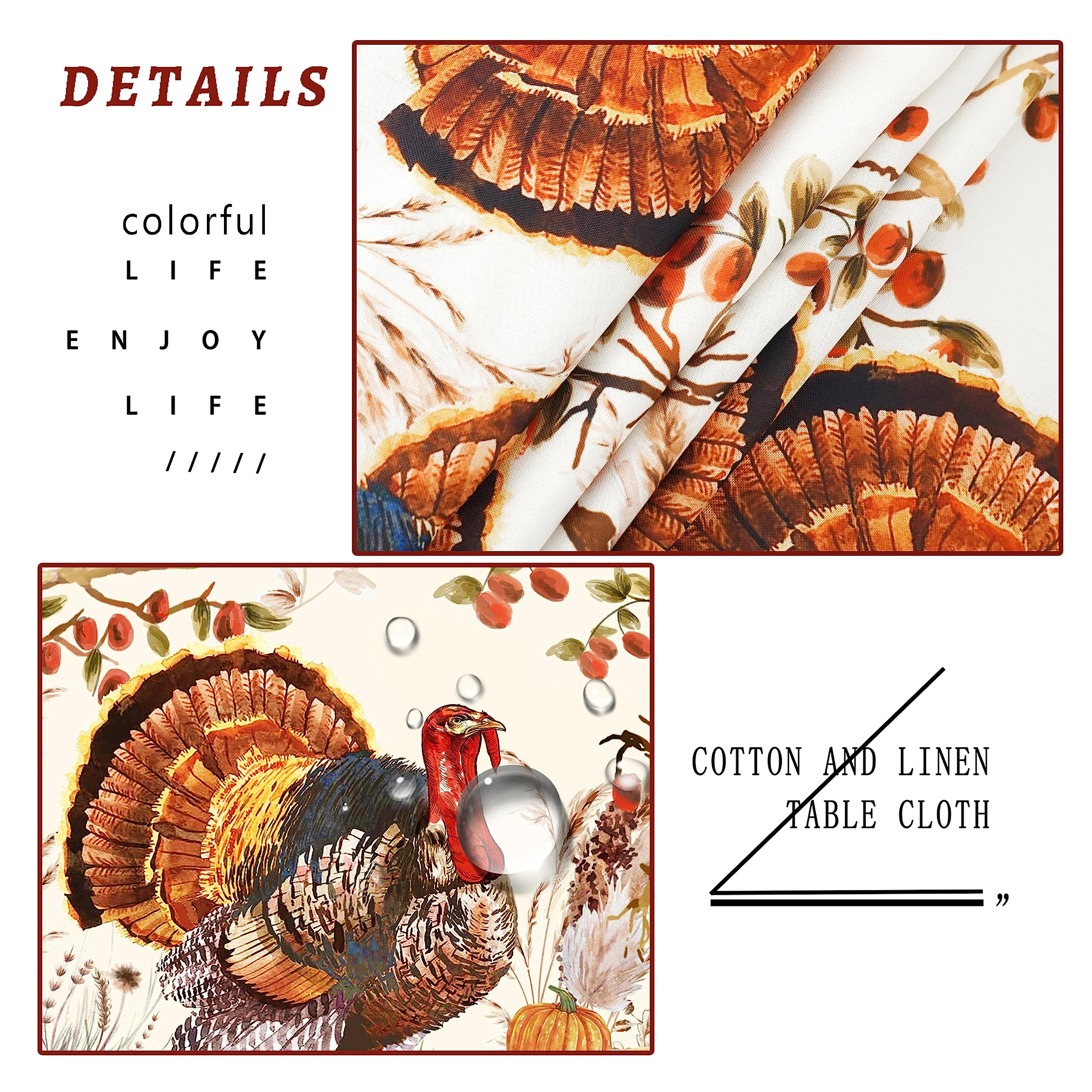 Virtumob Fall Thanksgiving Double Border Decoration Tablecloth, Turkey & Pumpkin Harvest Tablecloths, Waterproof Table Cover for Dinner Kitchen Party Holiday Decorations Oval 60 x 84 Inch