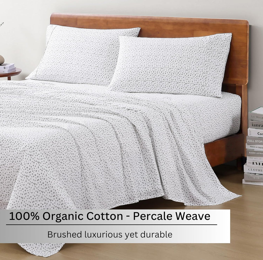 Skiennix 100% Organic Cotton Full Sheet Set - Ultra Soft, Breathable, GOTS Certified, White with Grey Dots, Fits Mattresses Up to 15 Inches Deep