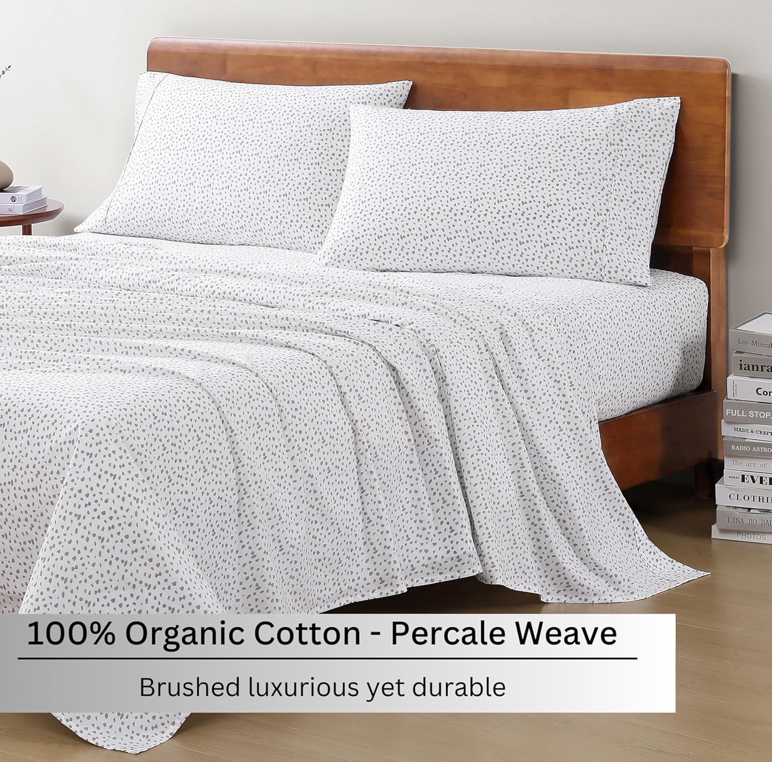 Skiennix 100% Organic Cotton Full Sheet Set - Ultra Soft, Breathable, GOTS Certified, White with Grey Dots, Fits Mattresses Up to 15 Inches Deep