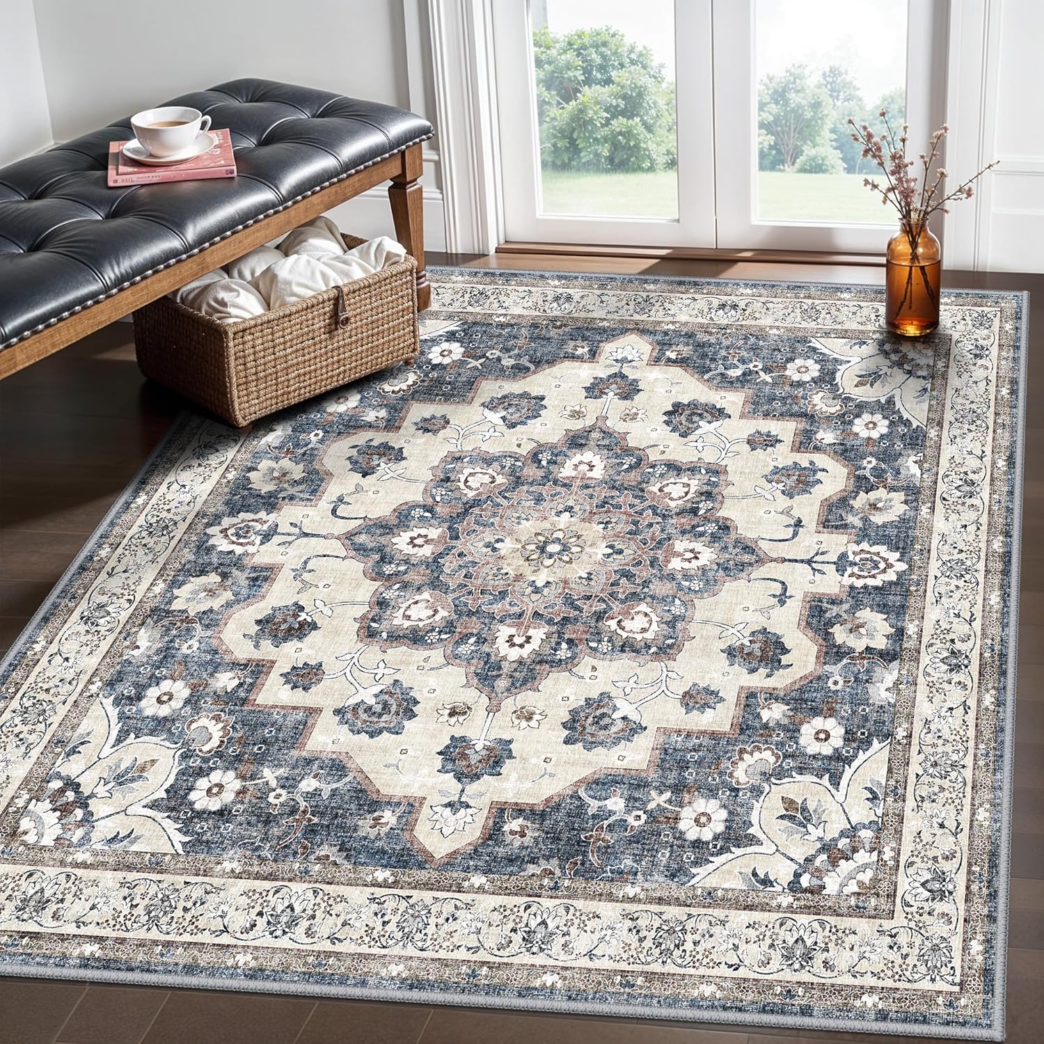 Skiennix 5x5 Square Rug - Stain Resistant Area Rug for Living Room, Bedroom & Dining Room | Non-Slip Blue Carpet