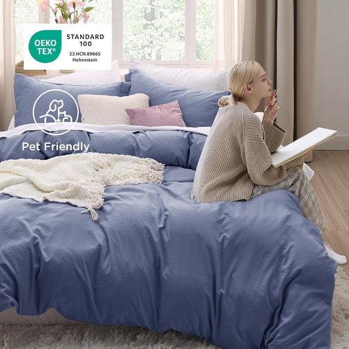 Bedsure Slate Blue Duvet Cover Set - Extra Soft 3-Piece Queen Bedding, 90x90 Inches with Zipper Closure & 2 Pillow Shams