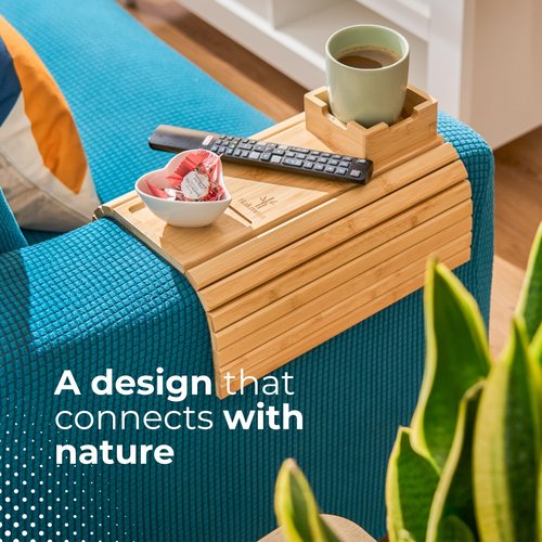 Hakmma Bamboo Couch Cup Holder – Eco-Friendly Sofa Armrest Tray Table with Cup Holder for Coffee, Snacks & Phone – Foldable Bamboo Couch Arm Table, Anti-Slip Armrest Tray for Couch